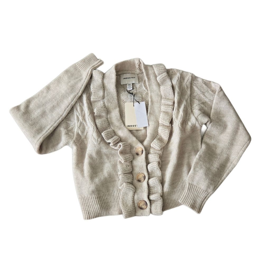 Cream Ruffle Cardigan Sweater Industry NWT Beige Grannycore Preppy Womens Button